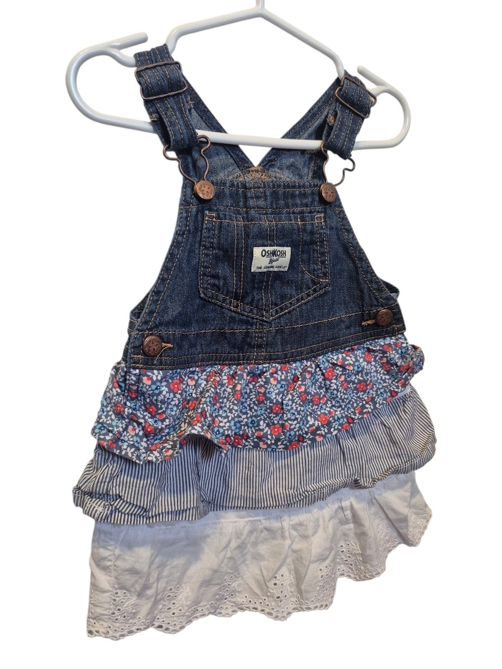 OshKosh B'gosh Blue Denim Overall Dress with Floral & White Ruffle Skirt